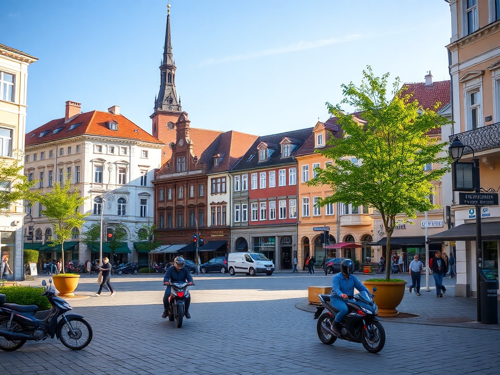 Ilustracja przedstawiająca kontrast między ostrzeżeniem przed oszustami a radością zlotu motocyklowego w Częstochowie